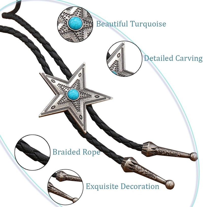 FGSS Vintage Turquoise Bolo Tie For Men - Western Cowboy Colored Oval Bola Necktie Retro Leather Necklace for Men Women - Image 3
